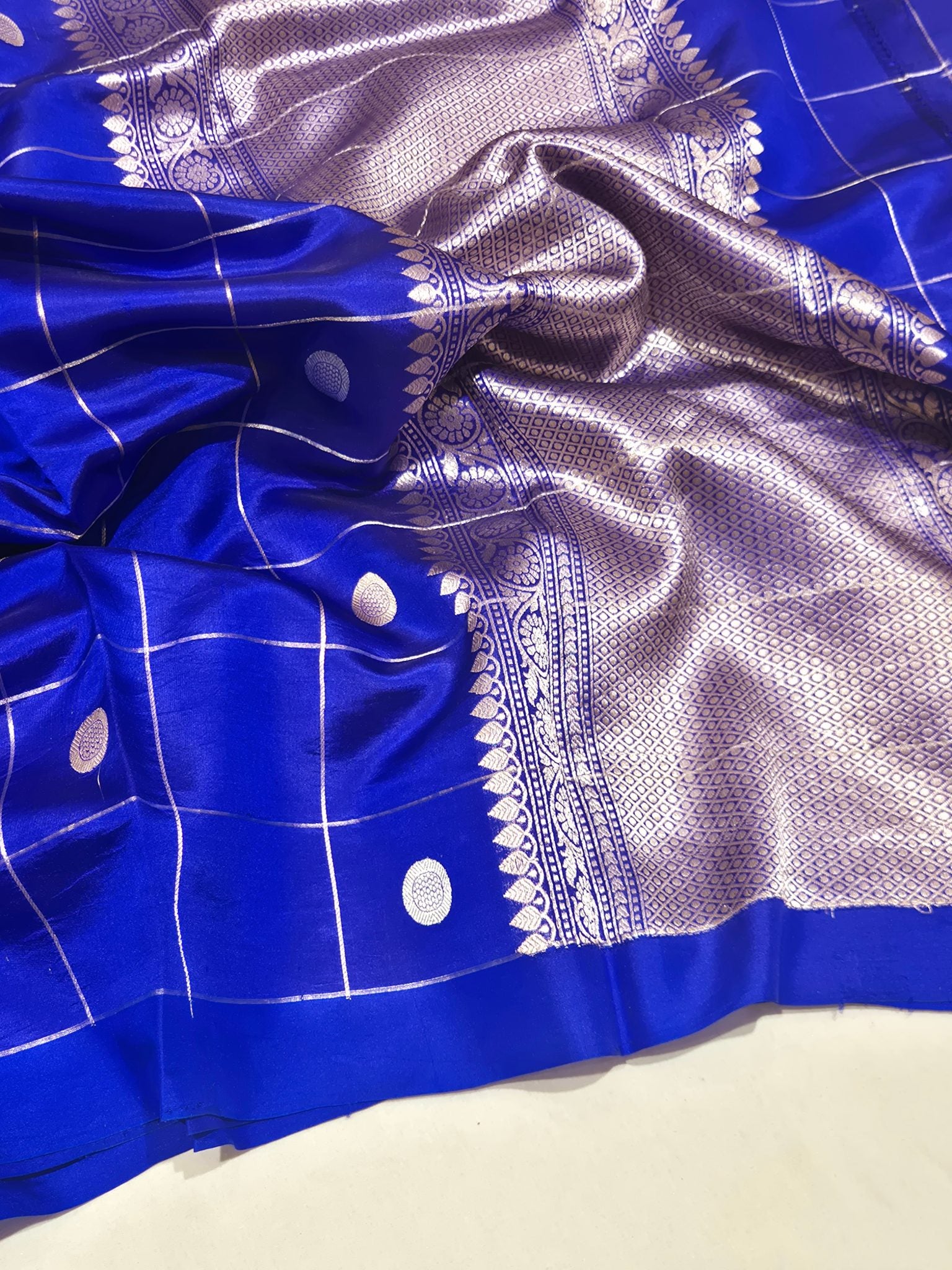 Royal Blue Soft Katan Banarasi saree front drape view