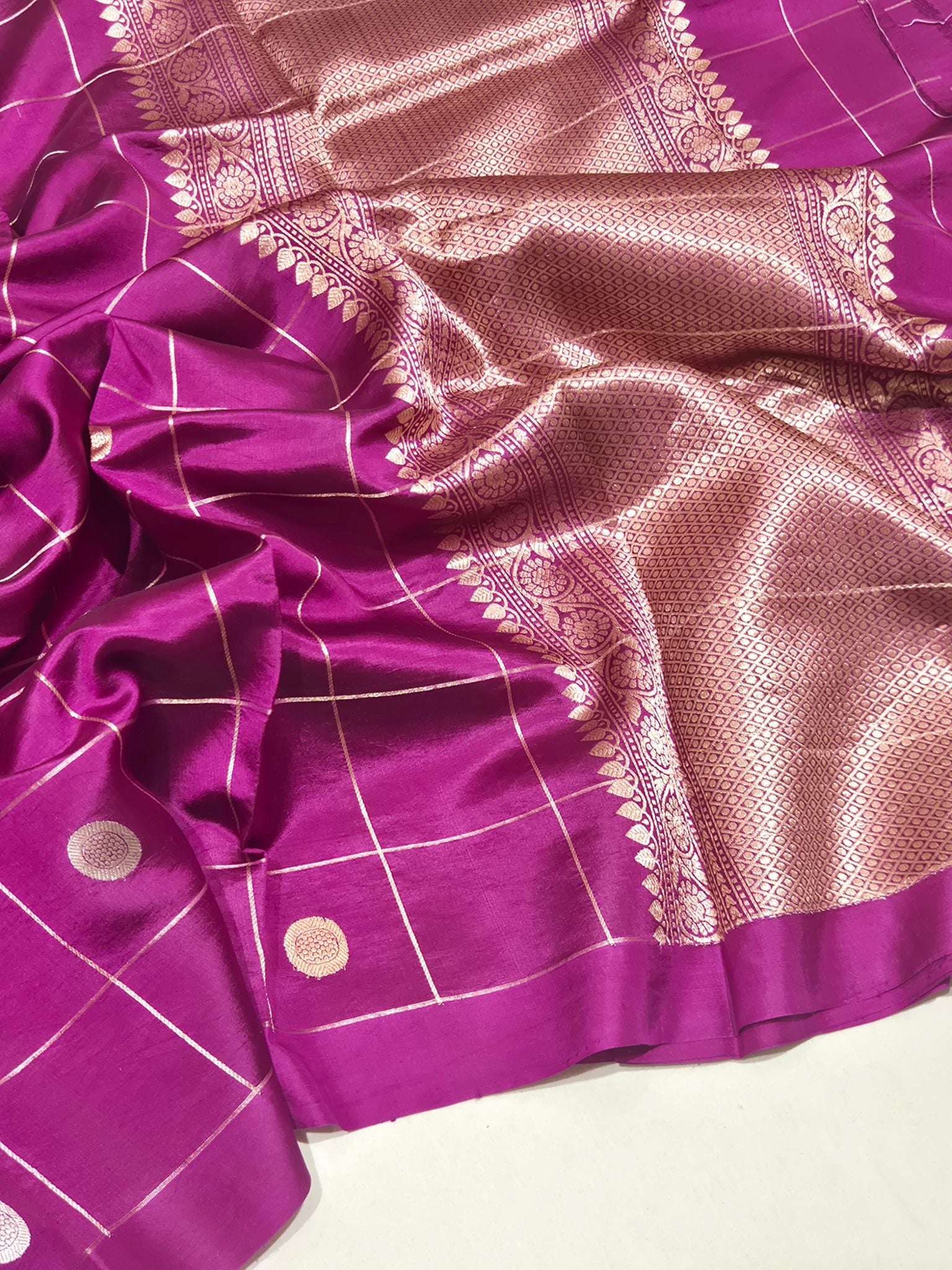 Magenta Soft Katan Banarasi saree front drape view