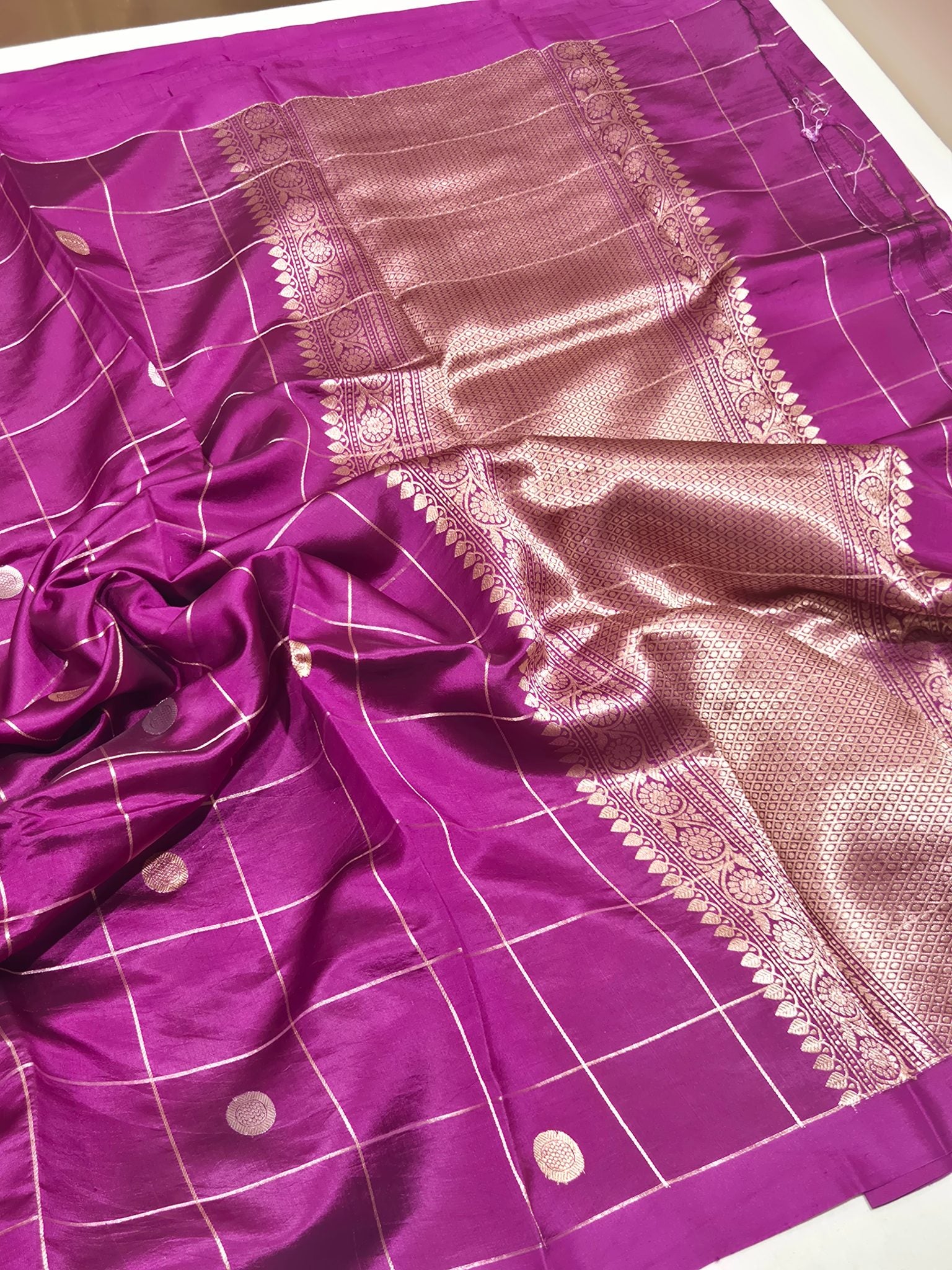 Magenta Soft Katan Banarasi saree pallu detail