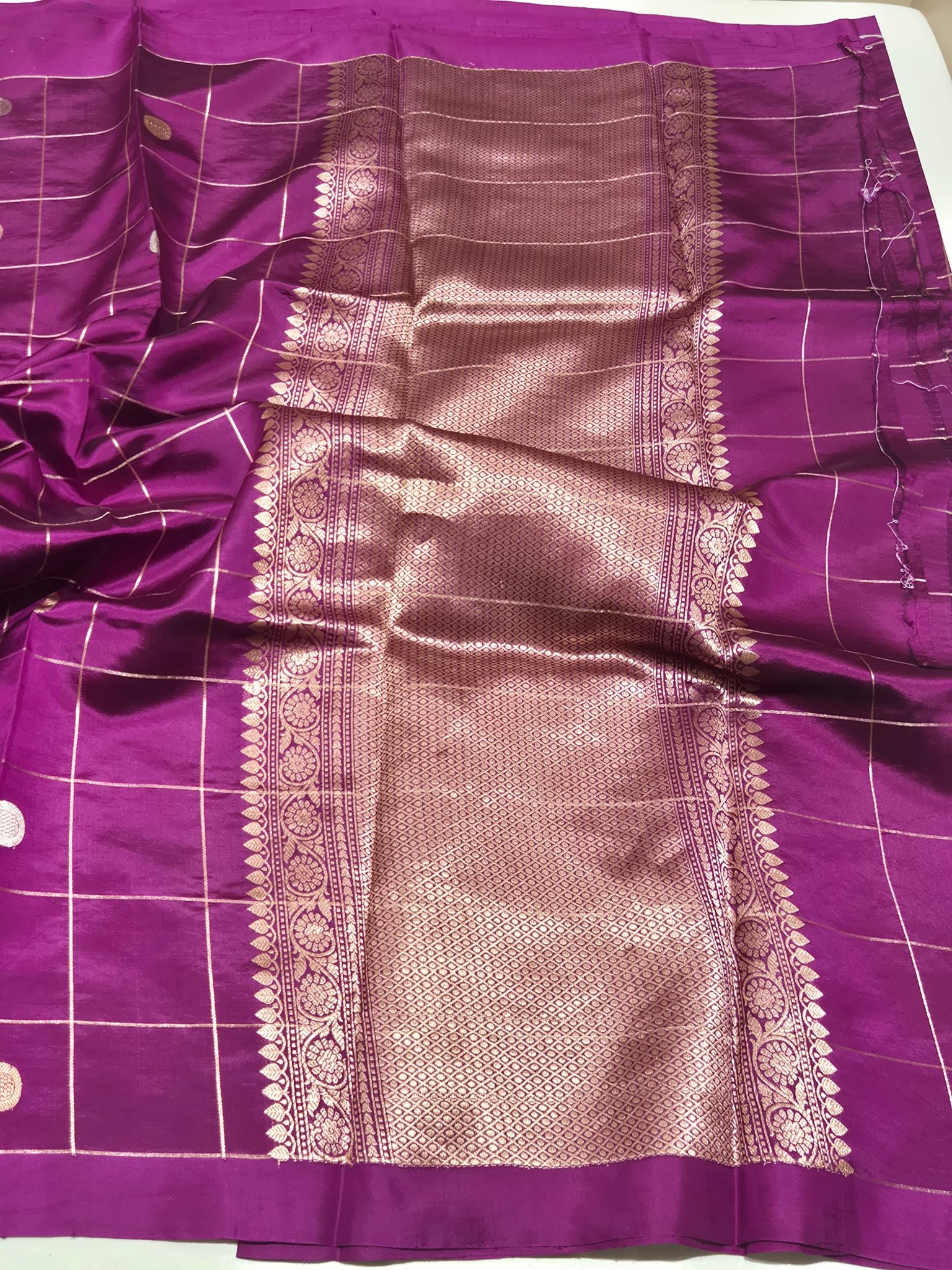 Magenta Soft Katan Banarasi saree full spread