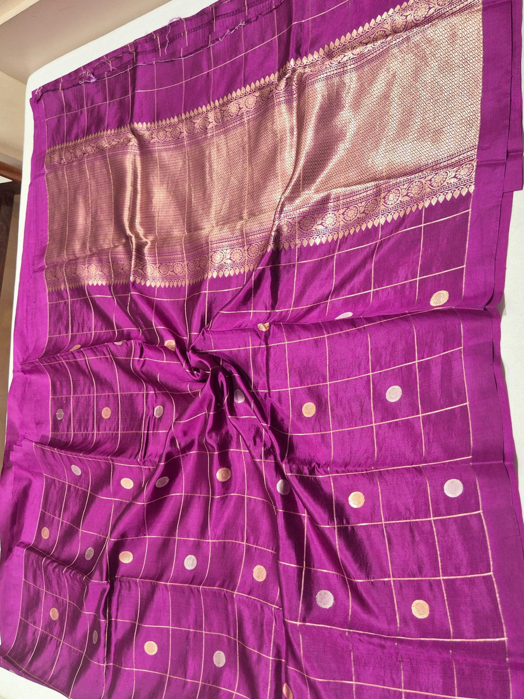 Magenta Soft Katan Banarasi saree zari work detail