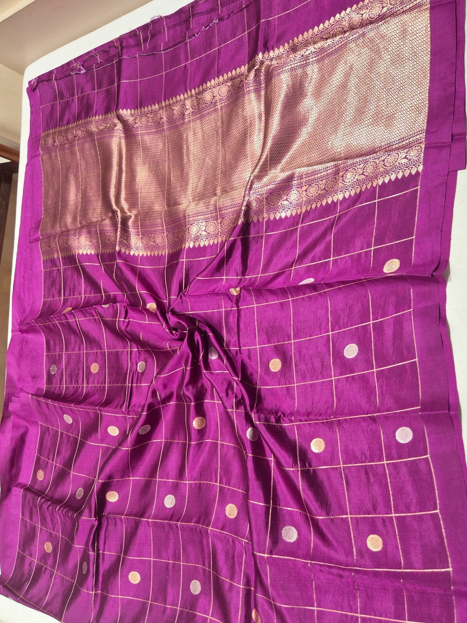 Magenta Soft Katan Banarasi saree zari work detail