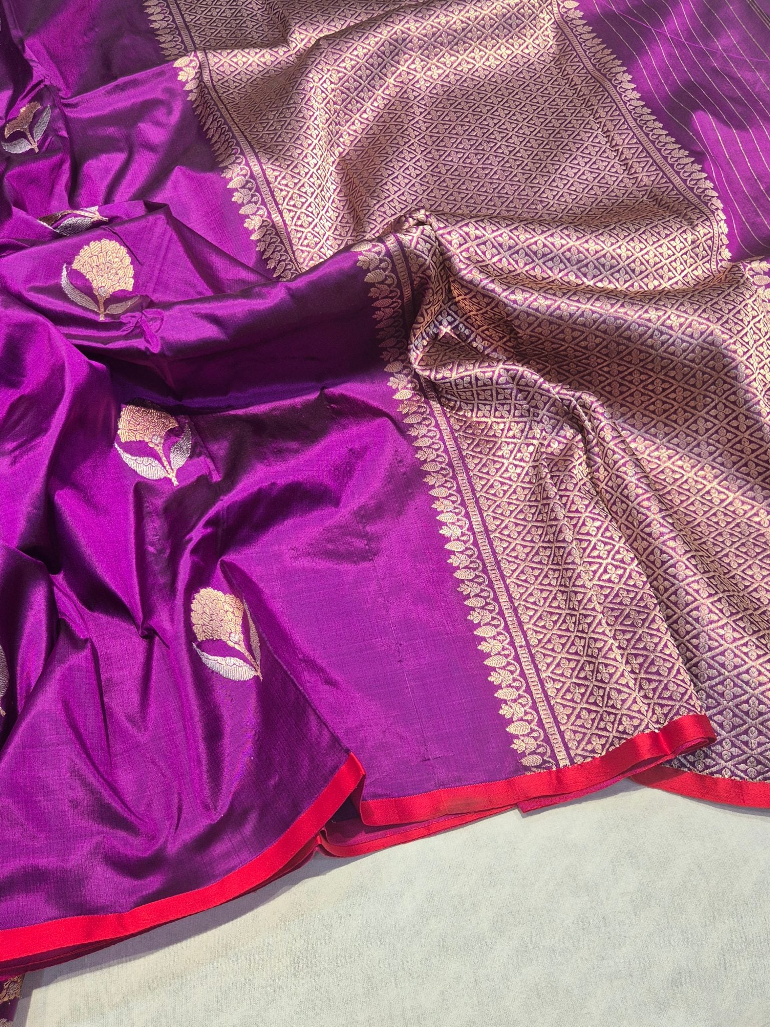 Magenta Purple Katan Silk Banarasi saree front drape view
