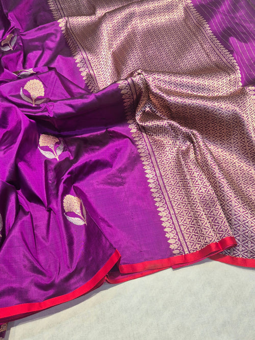 Magenta Purple Katan Silk Banarasi saree front drape view