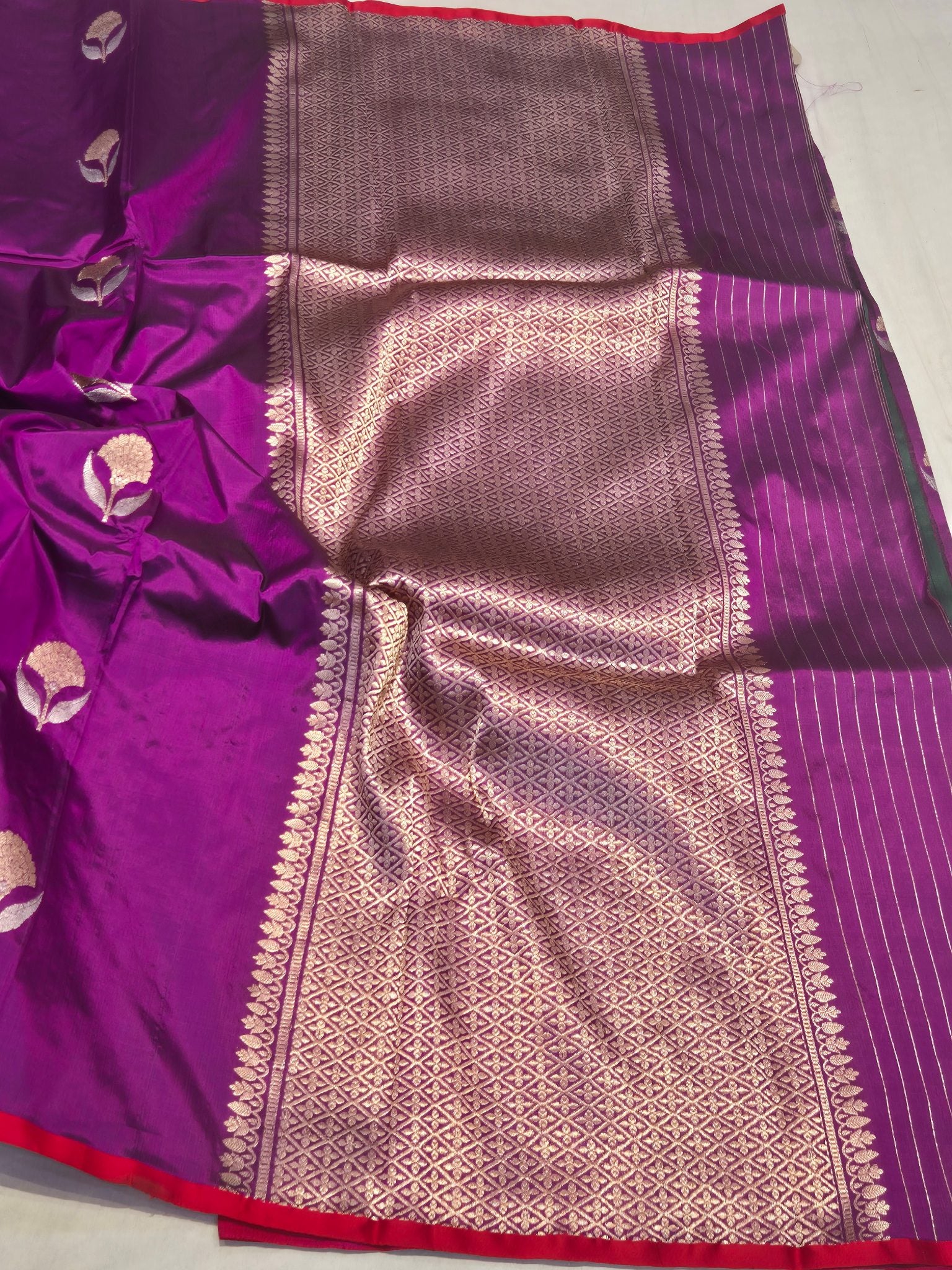 Magenta Purple Katan Silk Banarasi saree full spread