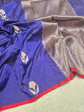 Dark Blue Katan Silk Banarasi saree front drape view