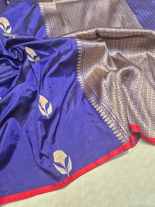 Dark Blue Katan Silk Banarasi saree front drape view