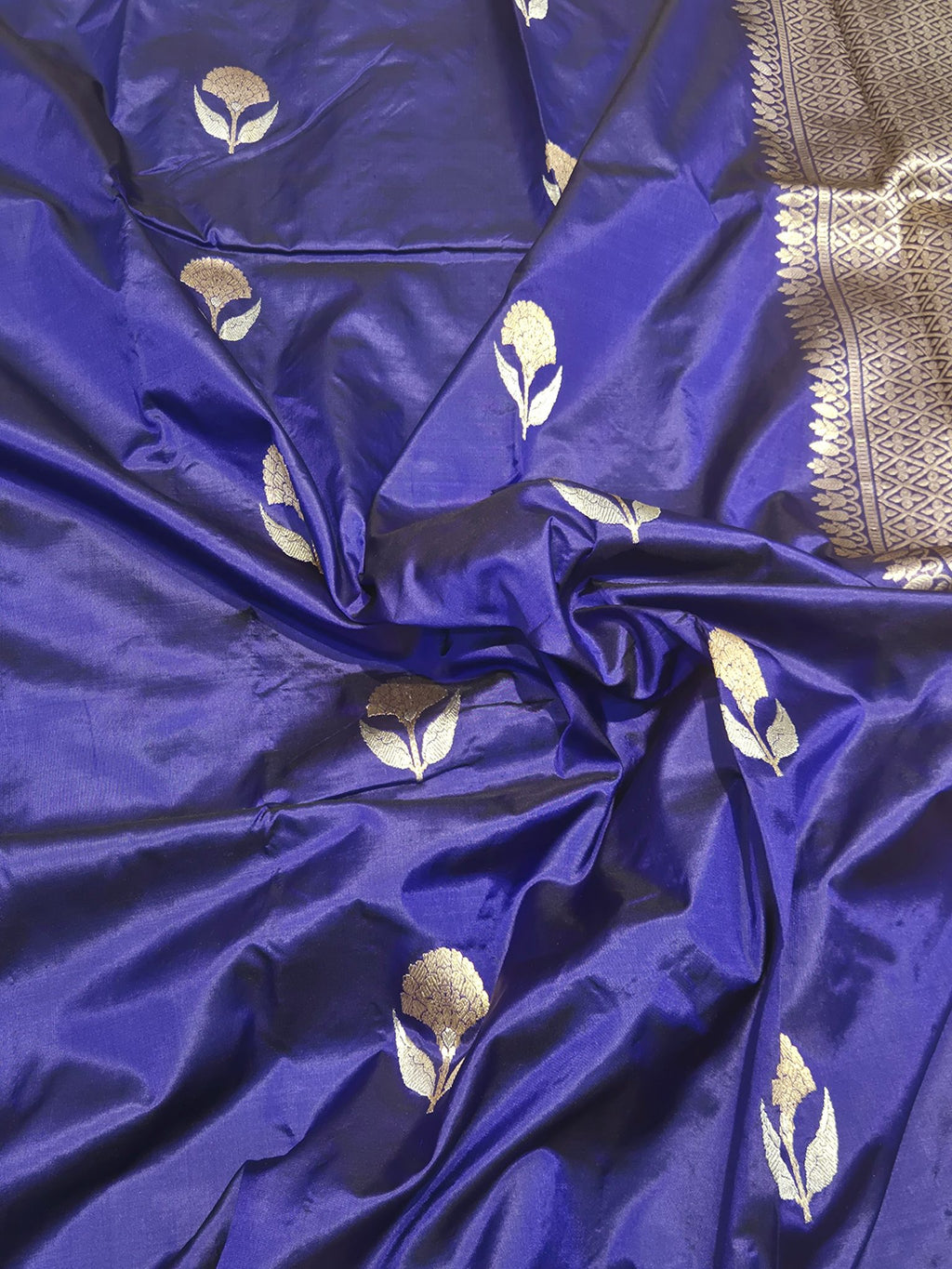 Dark Blue Katan Silk Banarasi saree border closeup