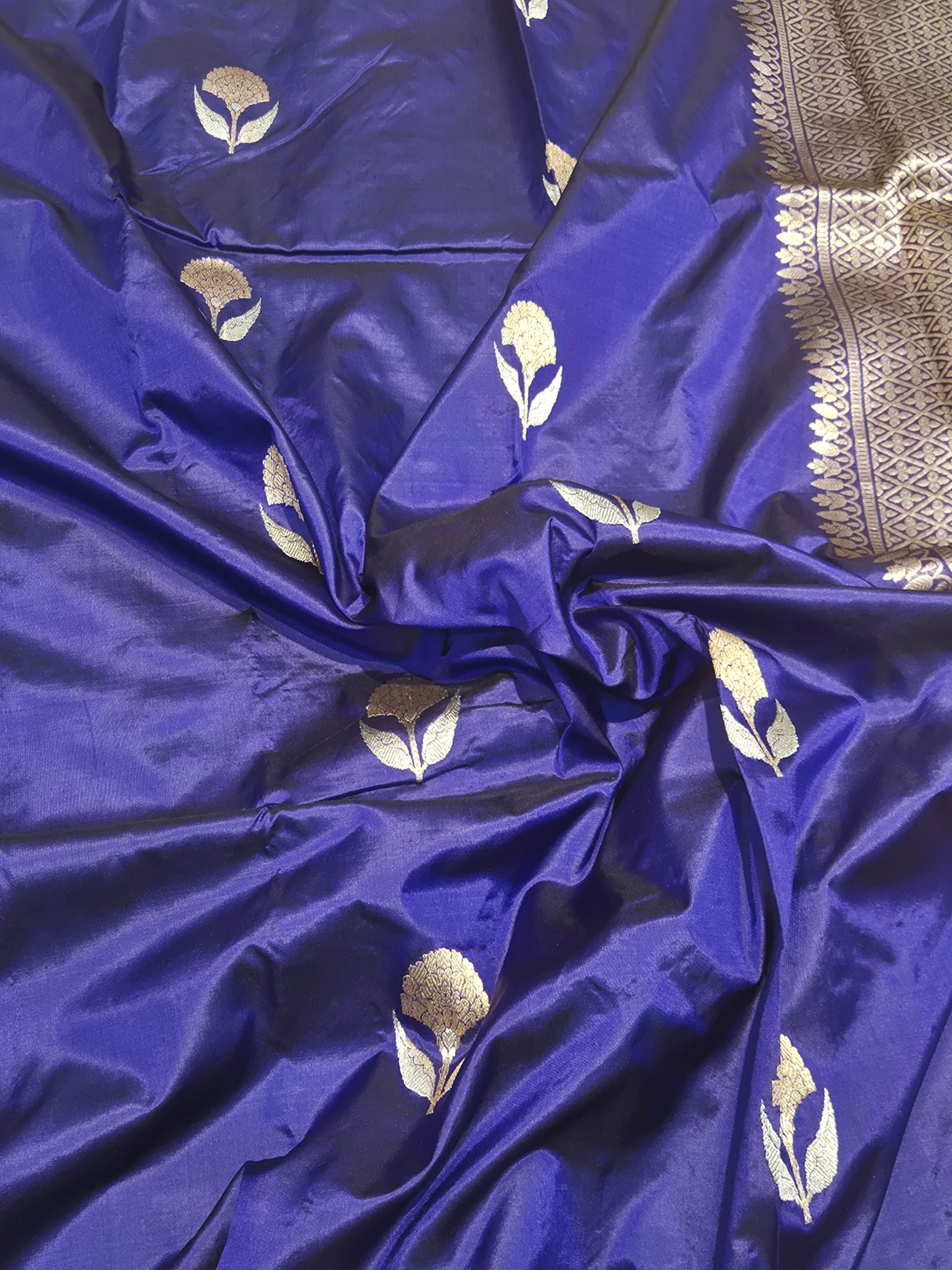 Dark Blue Katan Silk Banarasi saree border closeup