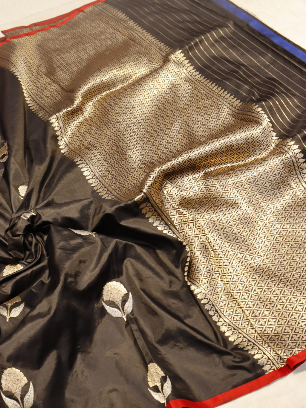 Black Katan Silk Banarasi saree pallu detail
