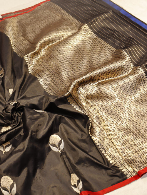 Black Katan Silk Banarasi saree pallu detail