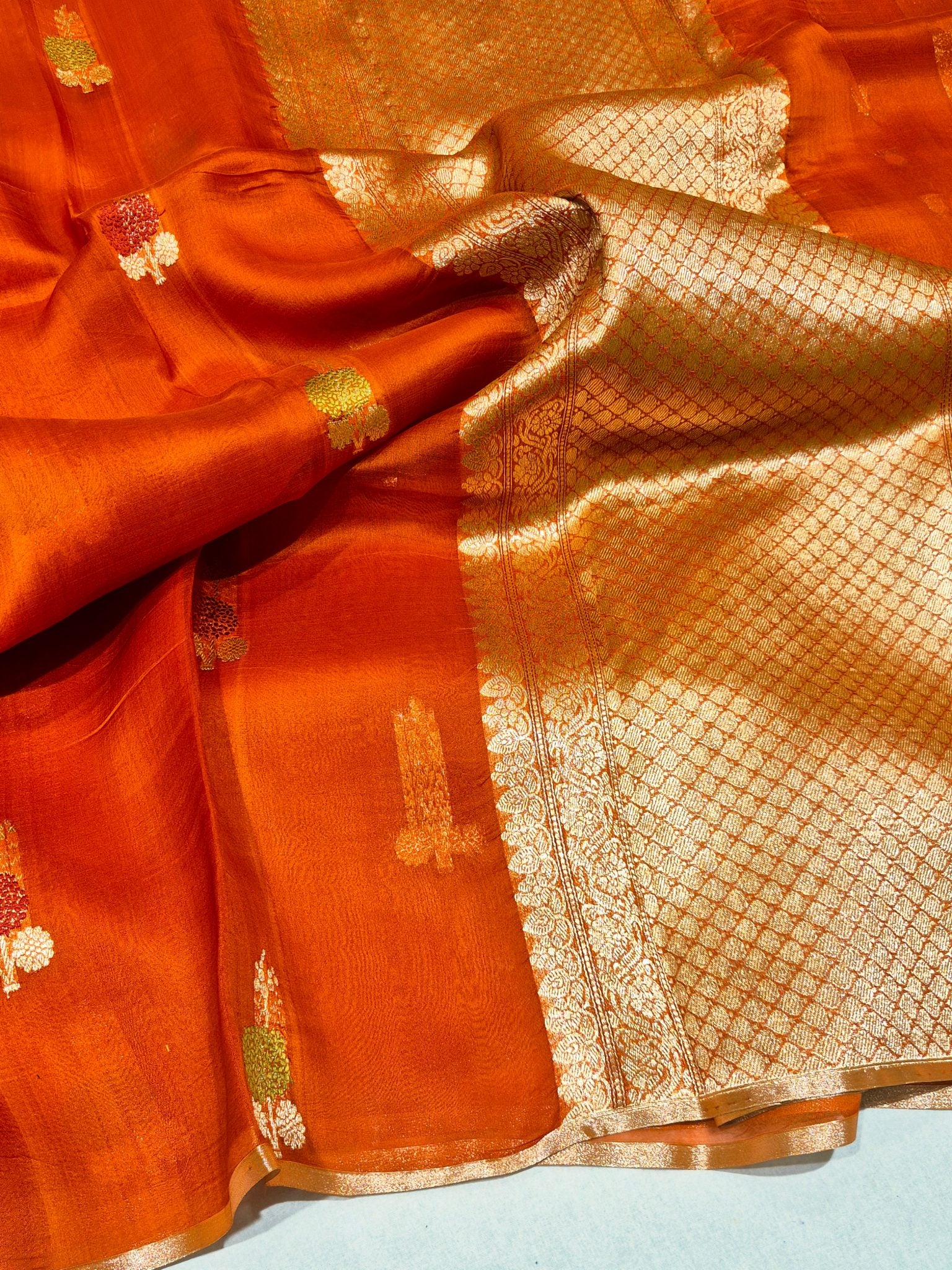 Orange Kora Silk Banarasi saree front drape view