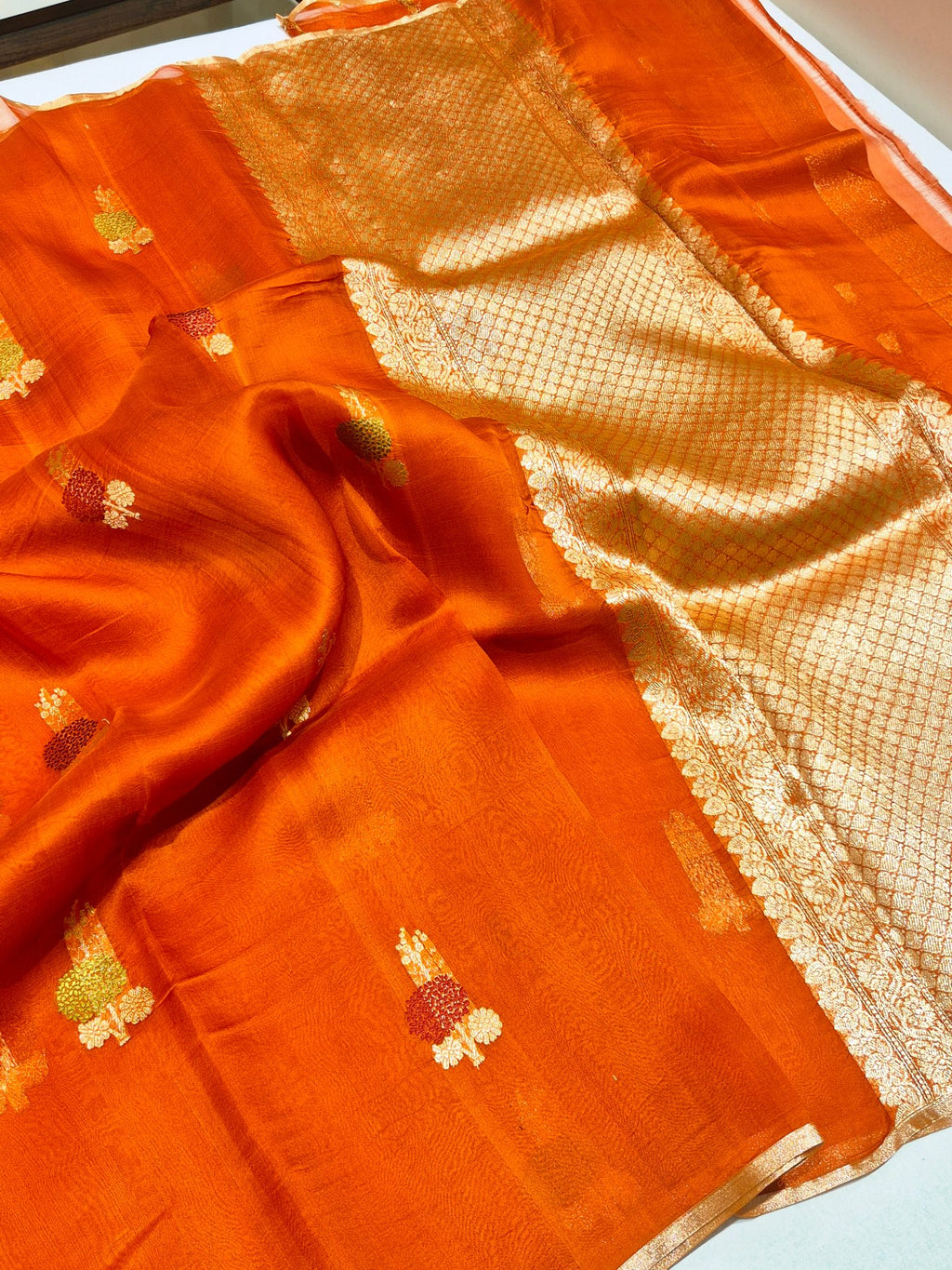 Orange Kora Silk Banarasi saree pallu detail