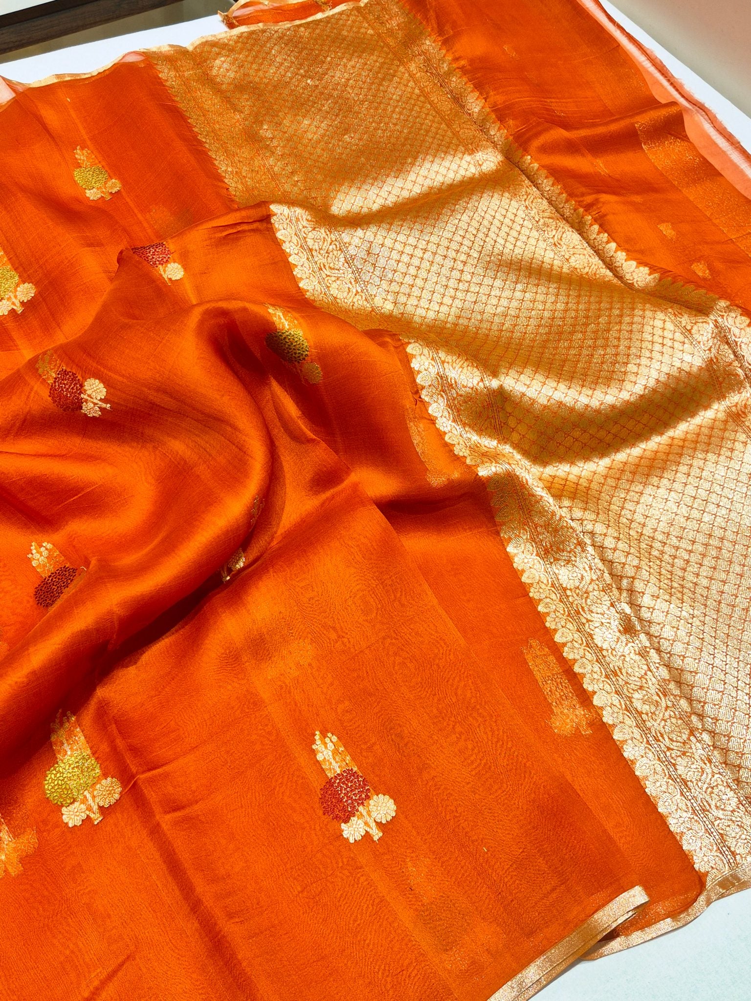 Orange Kora Silk Banarasi saree pallu detail