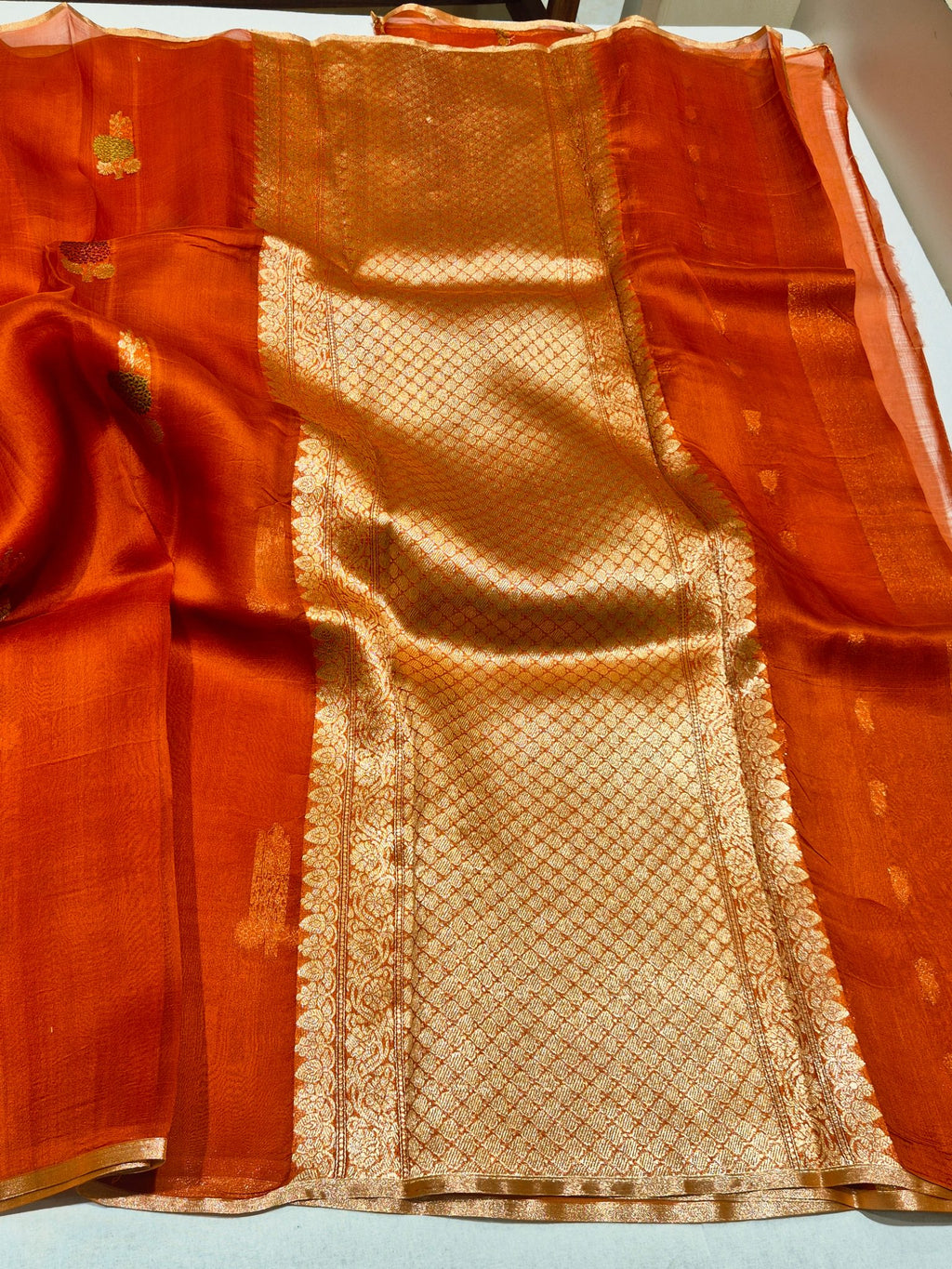 Orange Kora Silk Banarasi saree border closeup