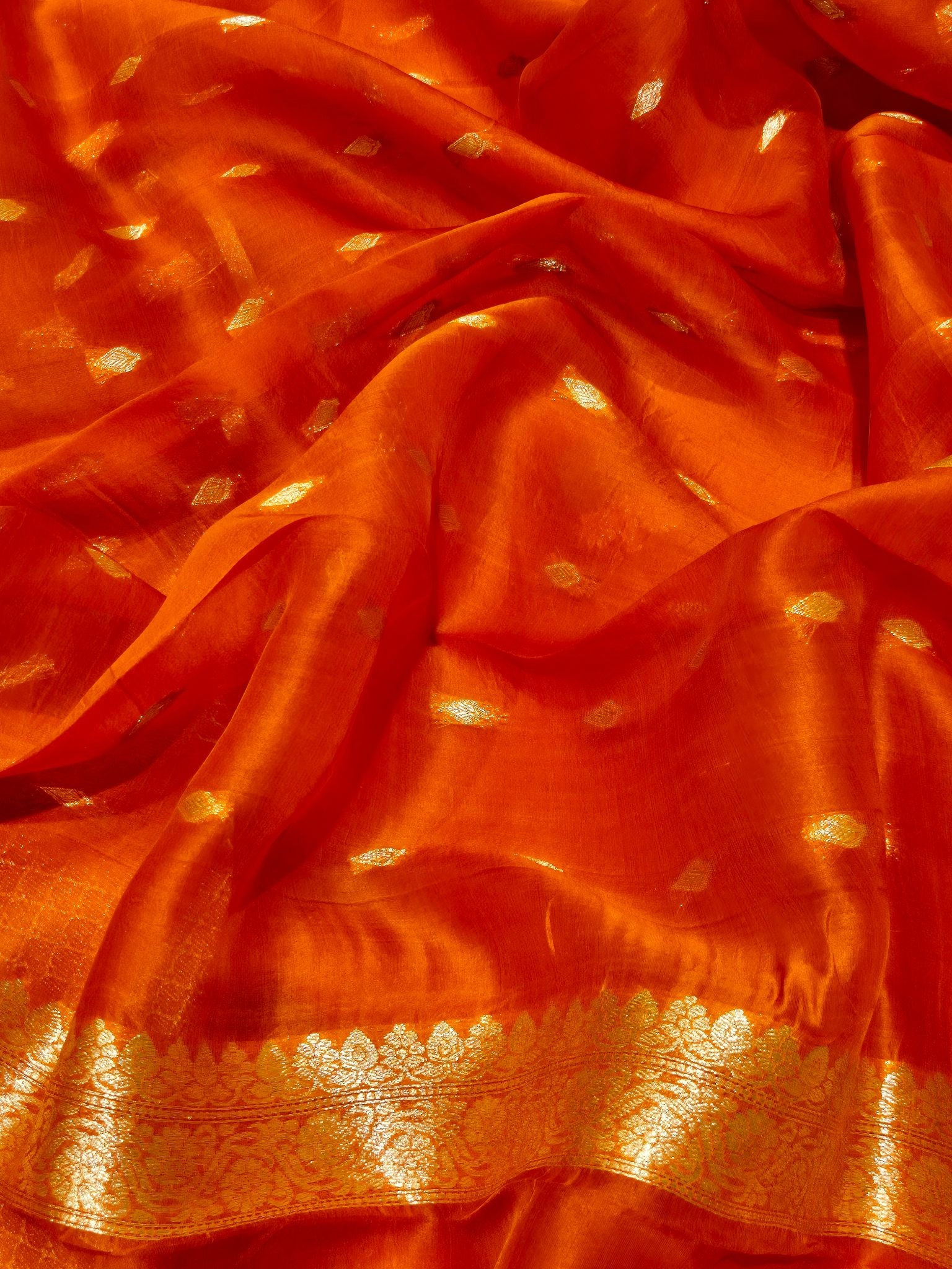 Orange Kora Silk Banarasi saree full spread