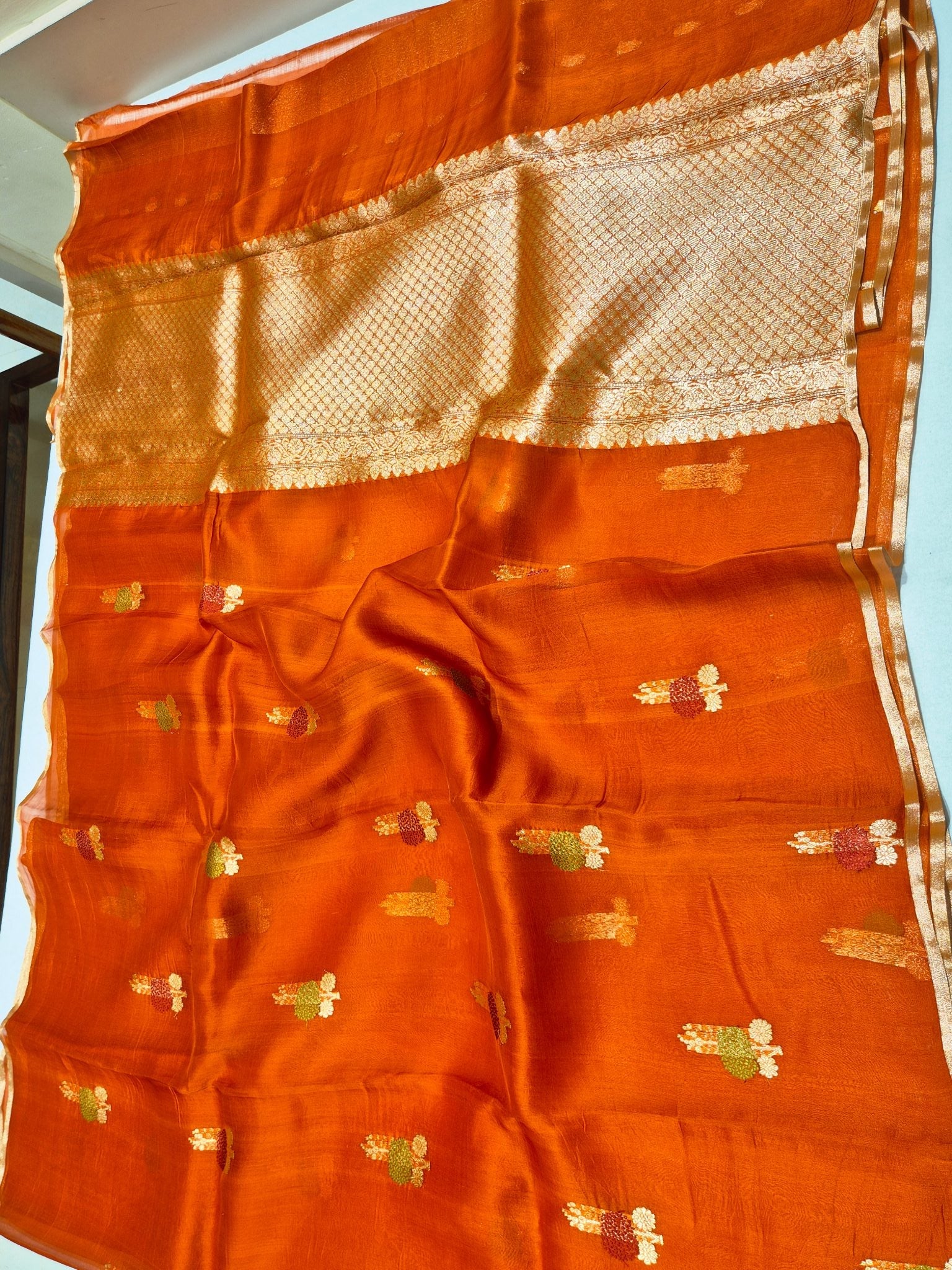 Orange Kora Silk Banarasi saree texture detail