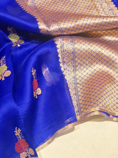Blue Kora Silk Banarasi saree front drape view