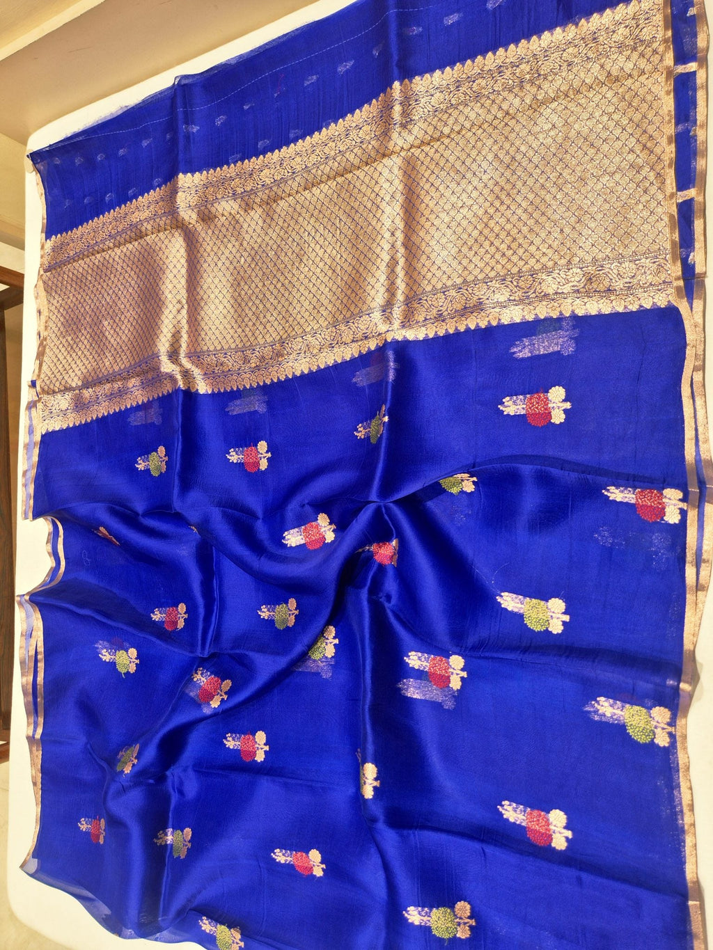 Blue Kora Silk Banarasi saree zari work detail