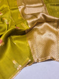 Olive Green Kora Silk Banarasi saree front drape view