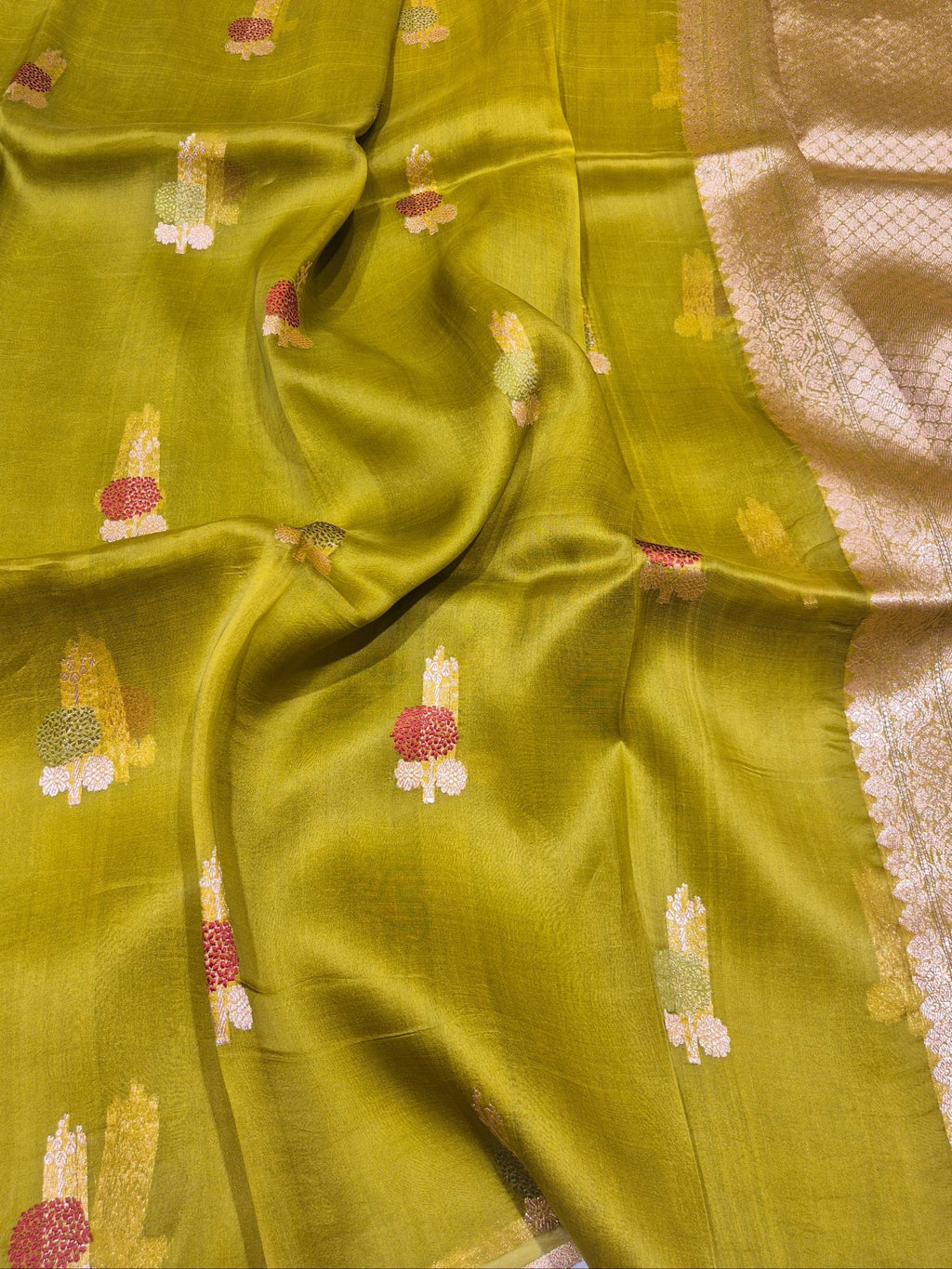 Olive Green Kora Silk Banarasi saree border closeup