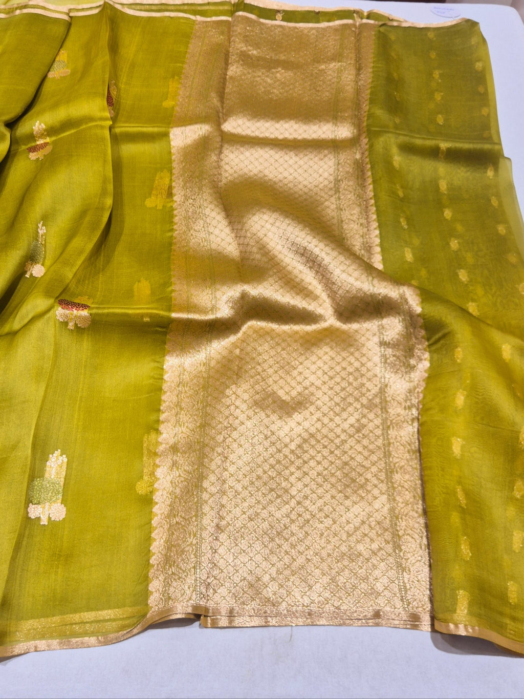 Olive Green Kora Silk Banarasi saree blouse piece