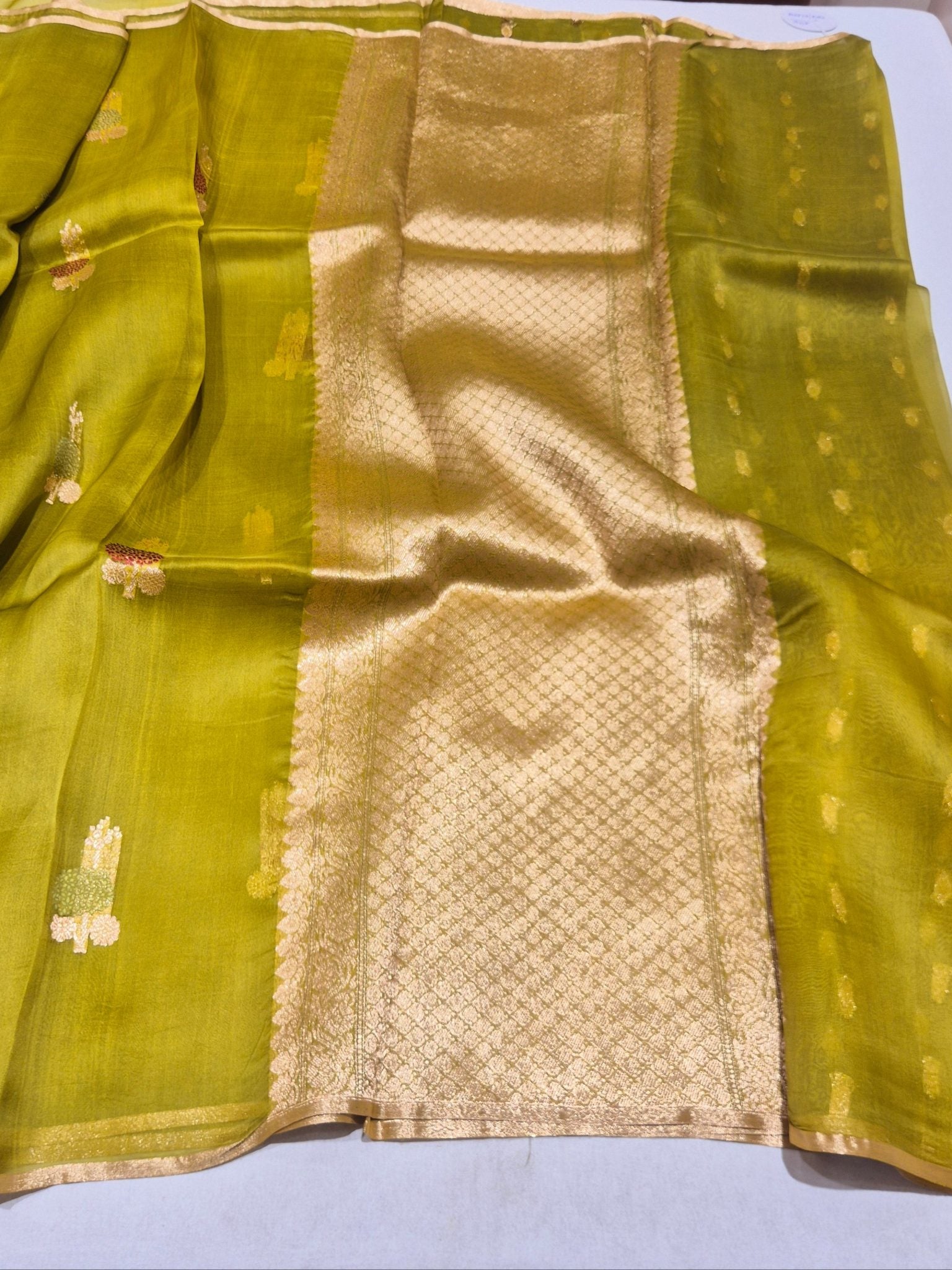 Olive Green Kora Silk Banarasi saree blouse piece