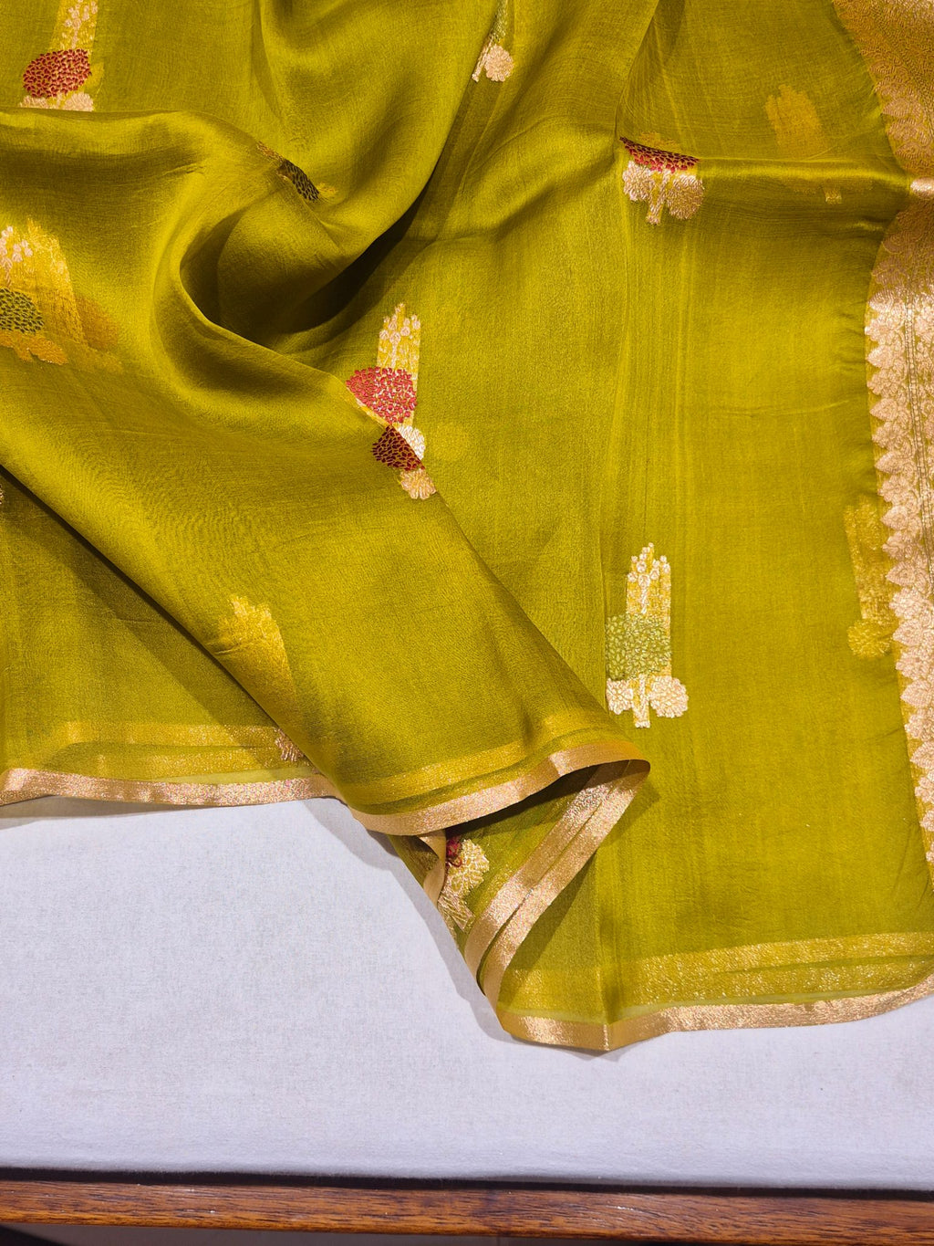 Olive Green Kora Silk Banarasi saree full spread