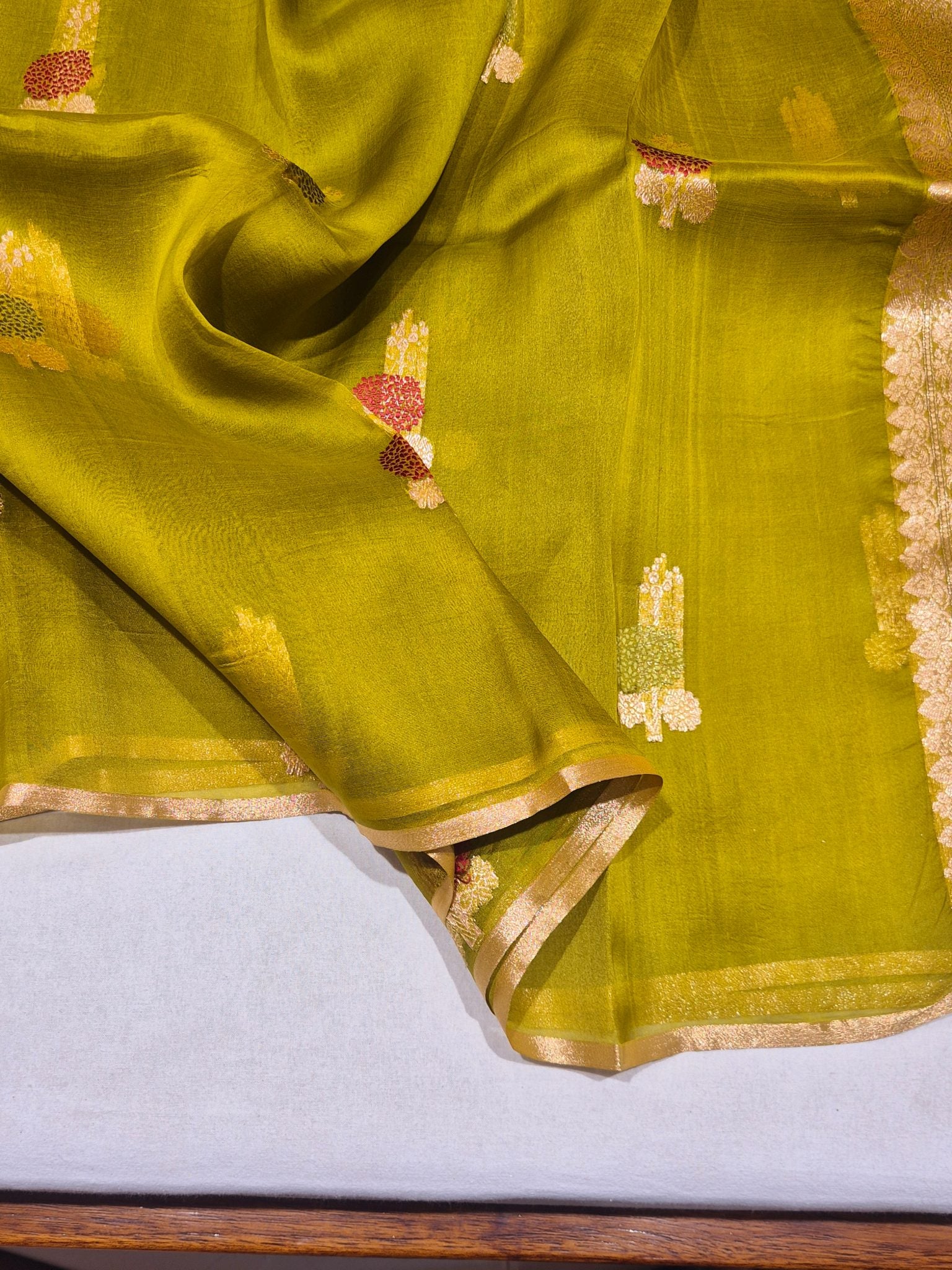 Olive Green Kora Silk Banarasi saree full spread