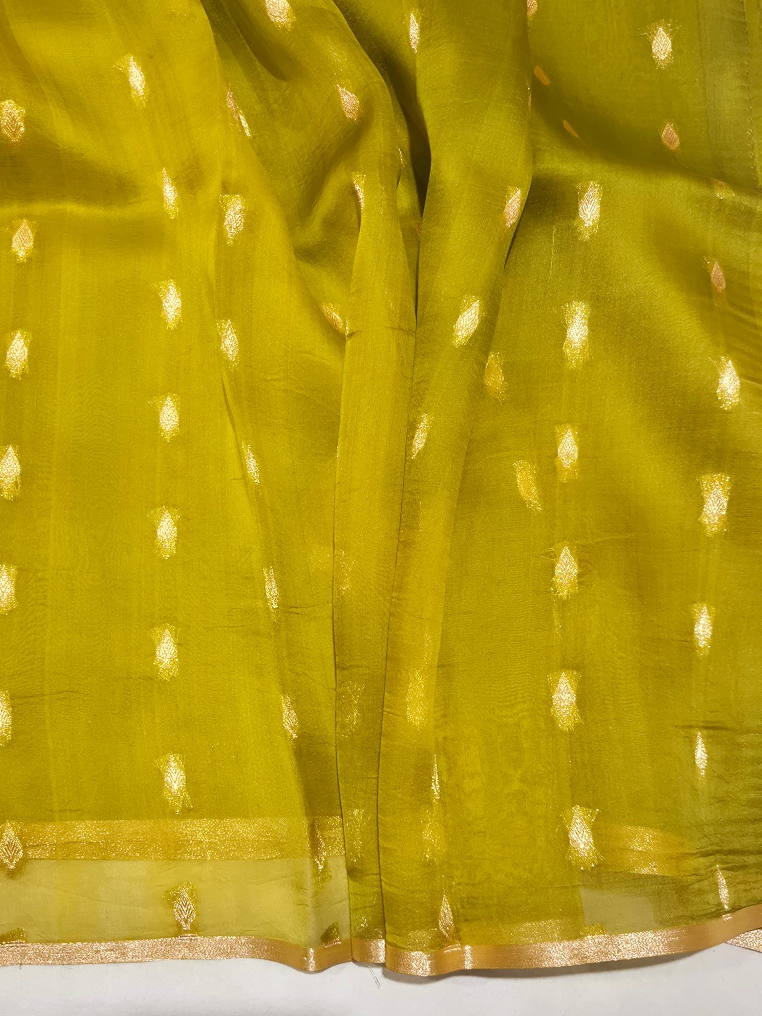 Olive Green Kora Silk Banarasi saree texture detail