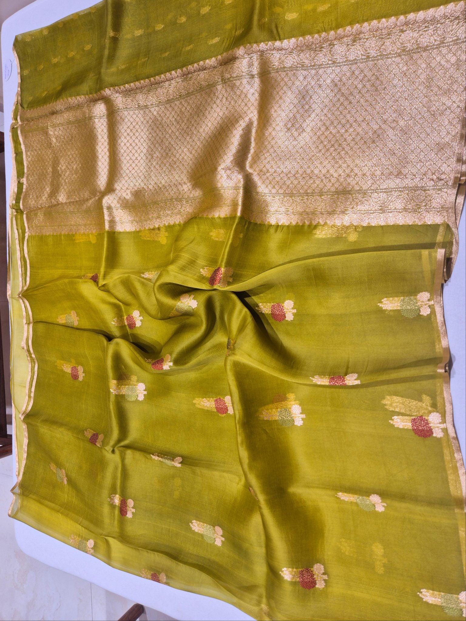 Olive Green Kora Silk Banarasi saree zari work detail