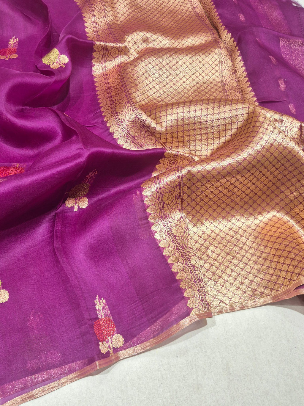 Dark Magenta Kora Silk Banarasi saree front drape view