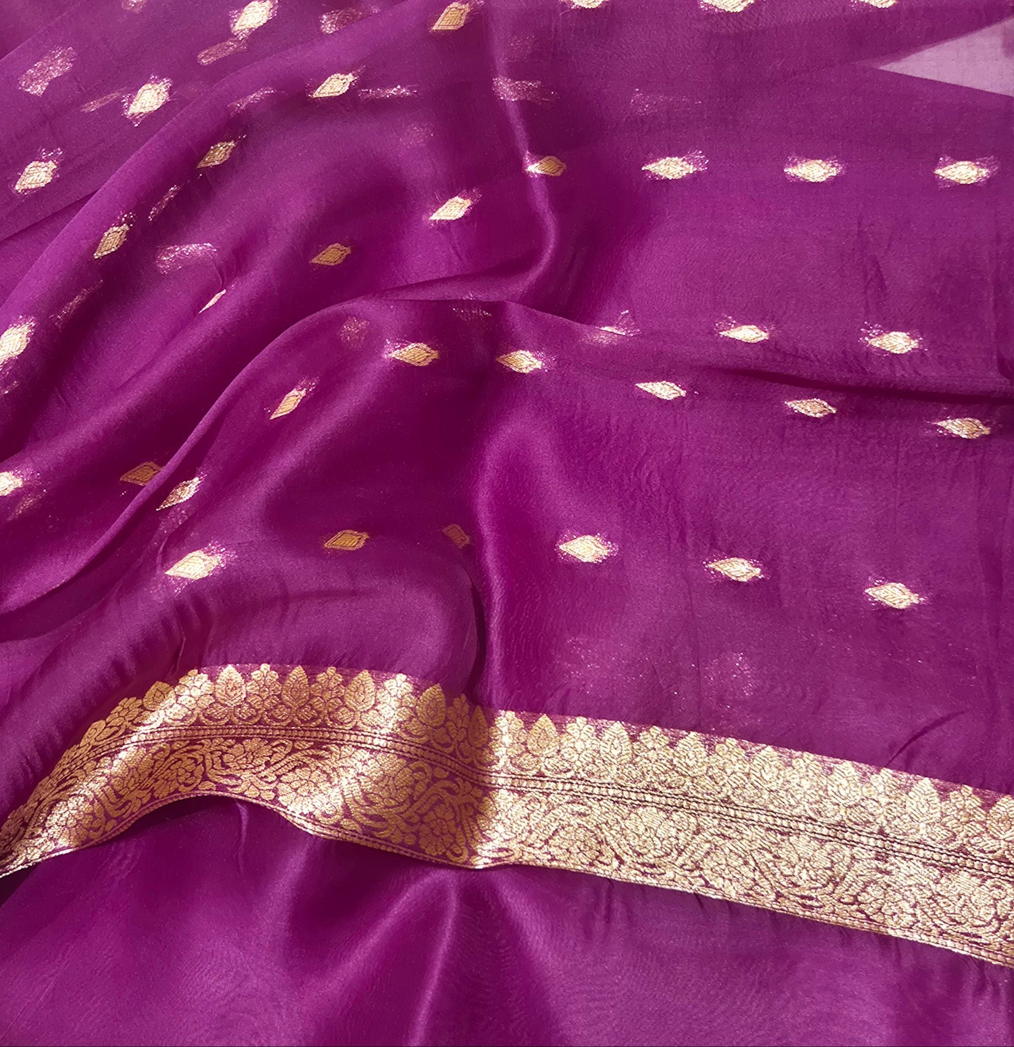 Dark Magenta Kora Silk Banarasi saree texture detail
