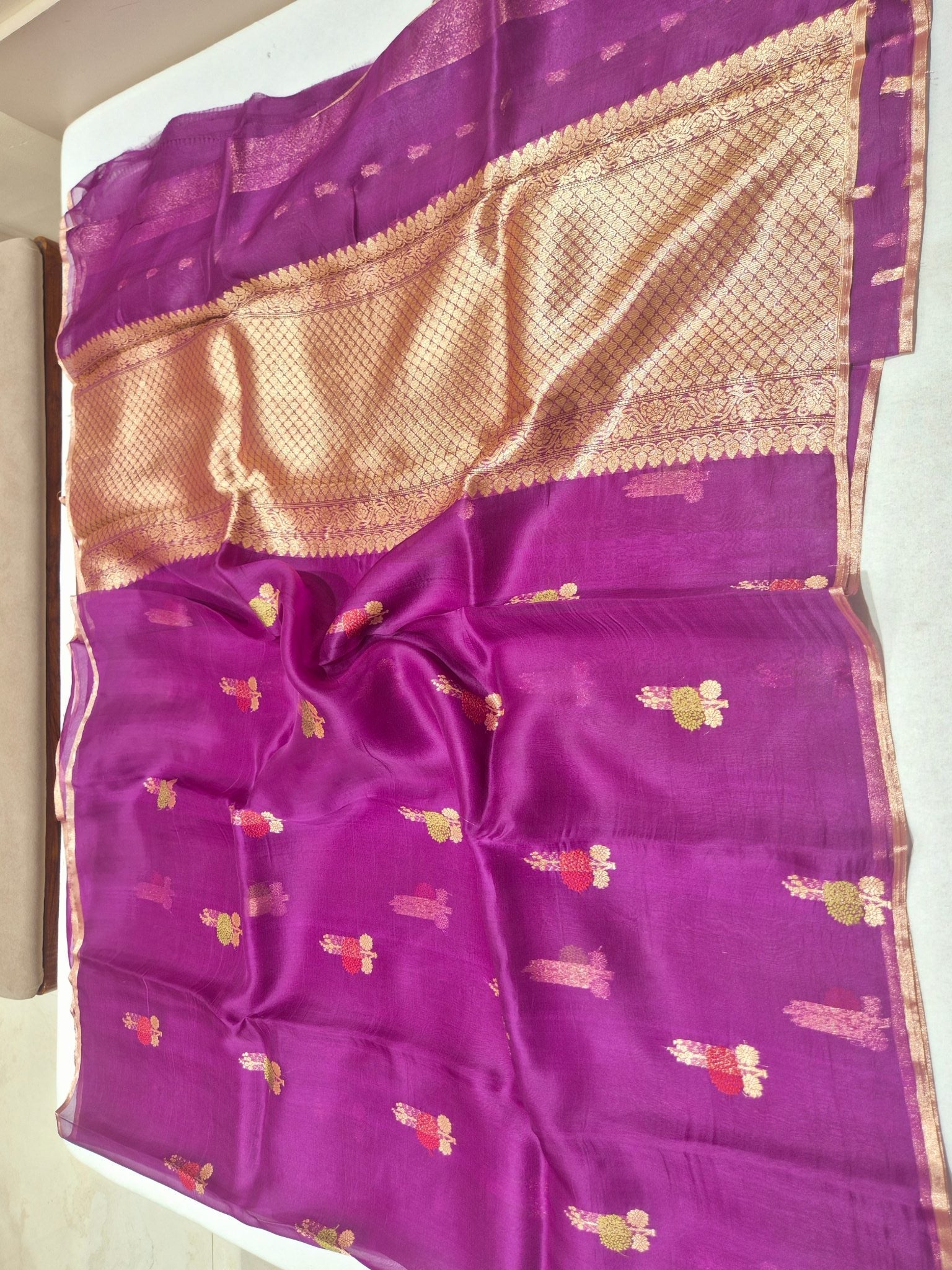 Dark Magenta Kora Silk Banarasi saree zari work detail