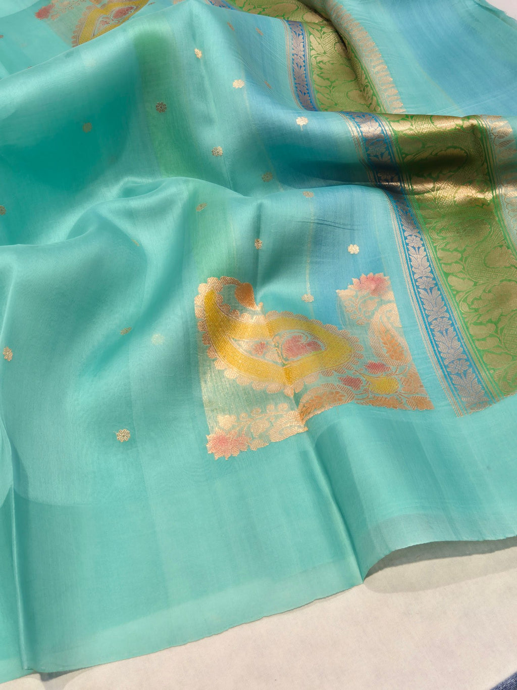 Turquoise Kora Silk Banarasi saree front drape view