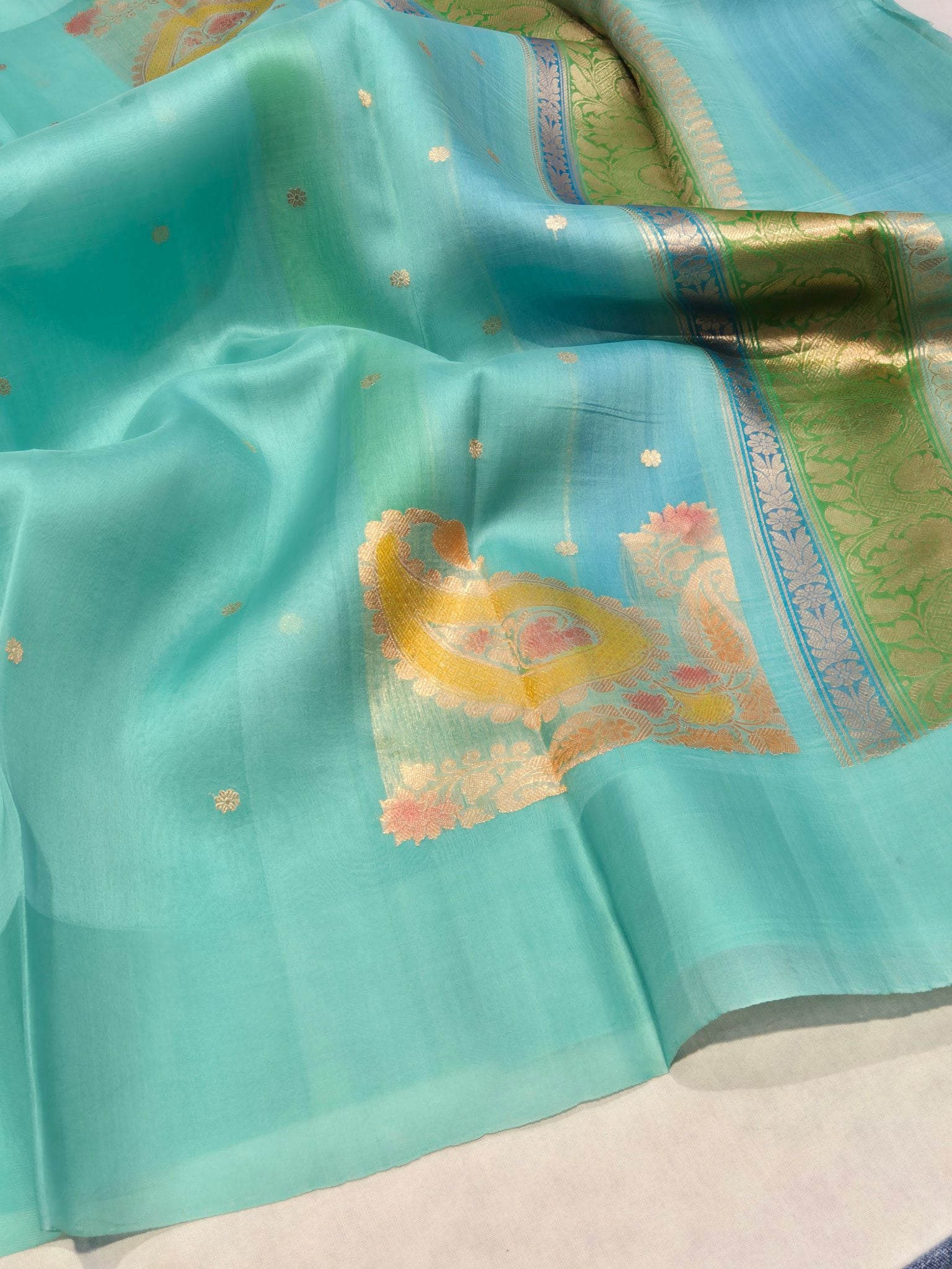 Turquoise Kora Silk Banarasi saree front drape view