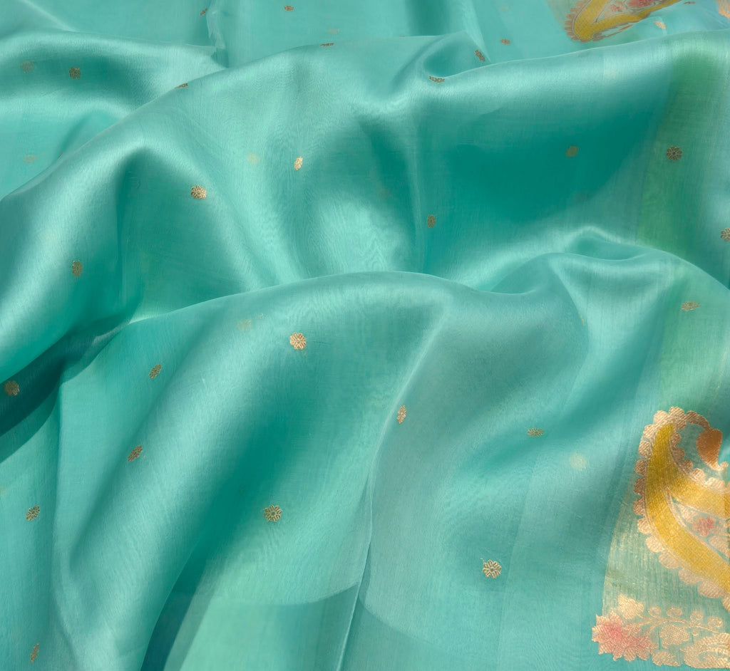 Turquoise Kora Silk Banarasi saree pallu detail