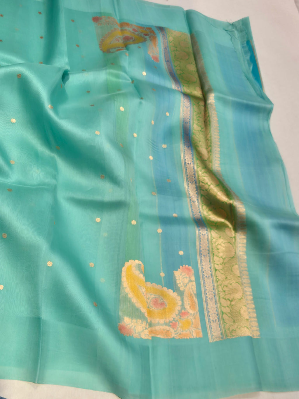 Turquoise Kora Silk Banarasi saree border closeup
