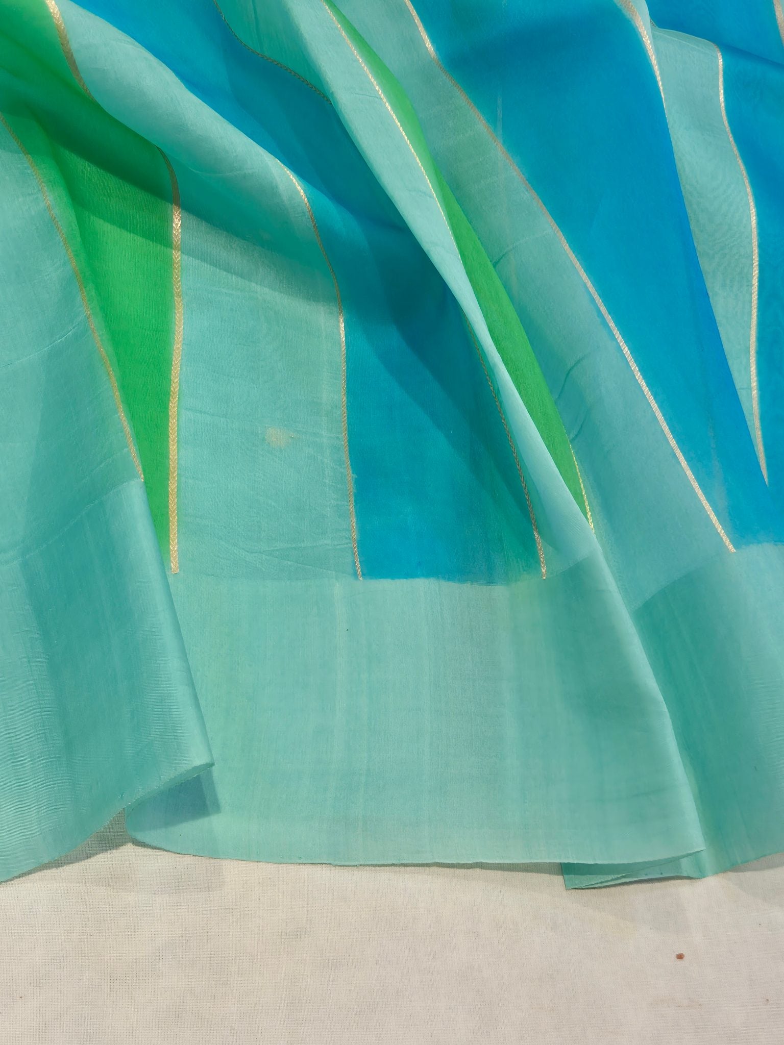 Turquoise Kora Silk Banarasi saree full spread