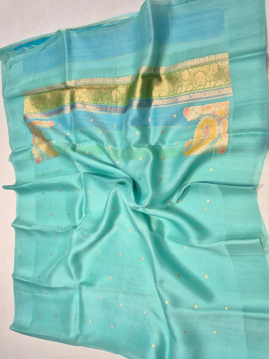 Turquoise Kora Silk Banarasi saree texture detail