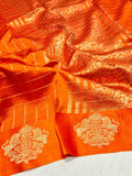 Orange Soft Katan Banarasi saree front drape view