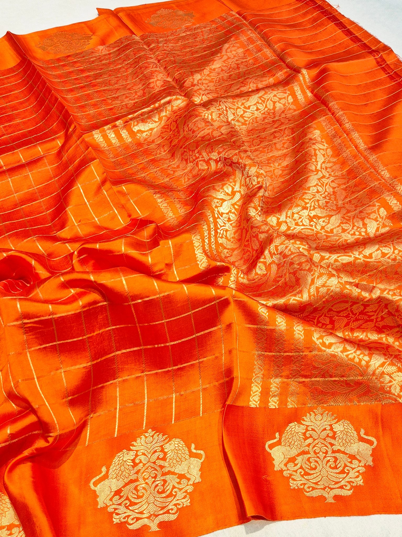 Orange Soft Katan Banarasi saree pallu detail
