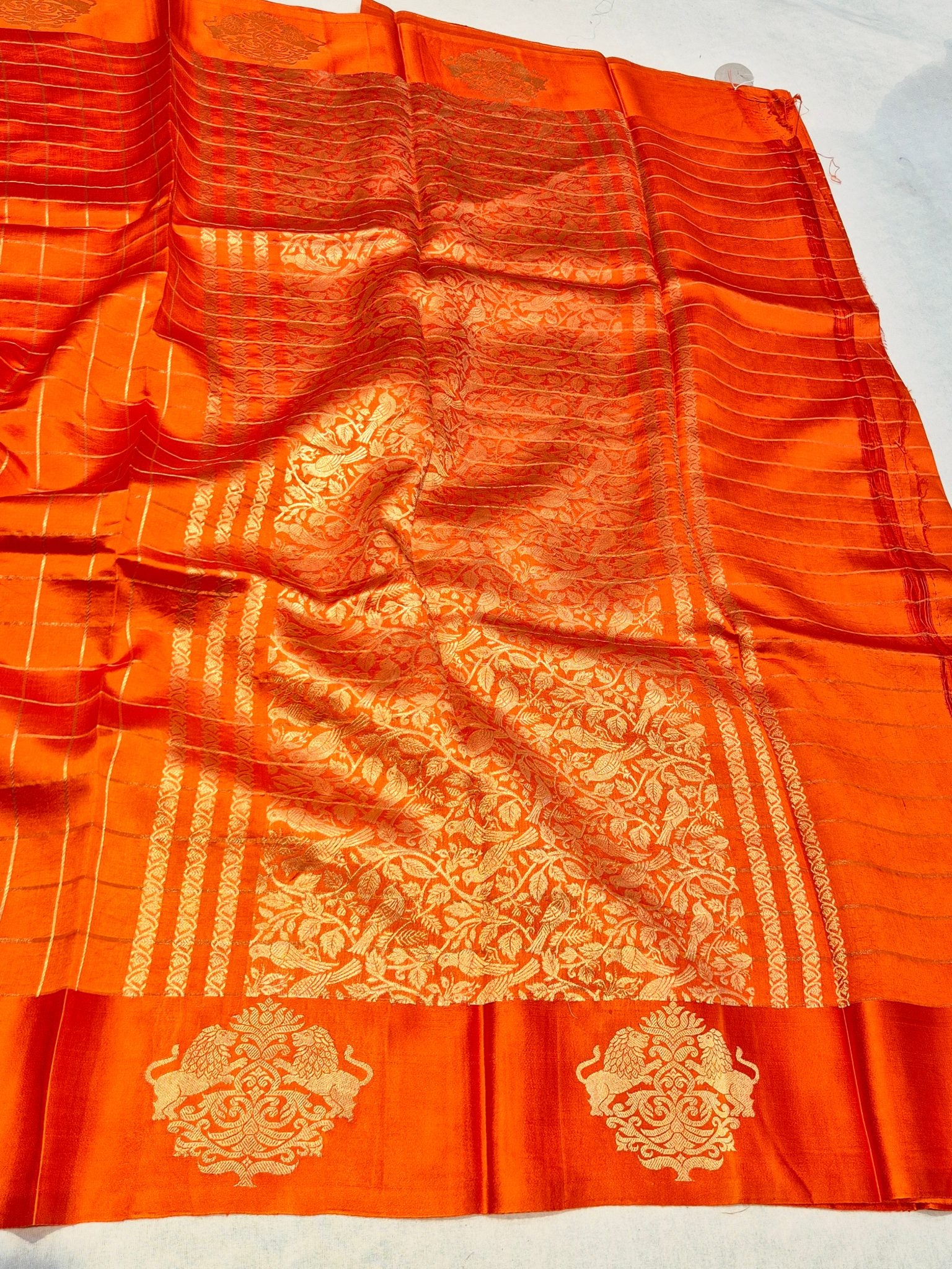 Orange Soft Katan Banarasi saree full spread