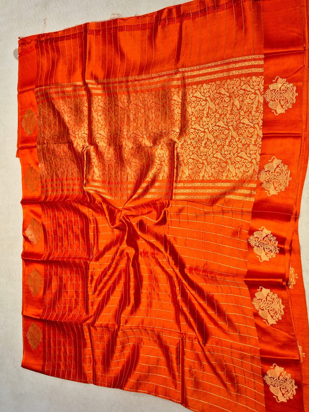 Orange Soft Katan Banarasi saree zari work detail