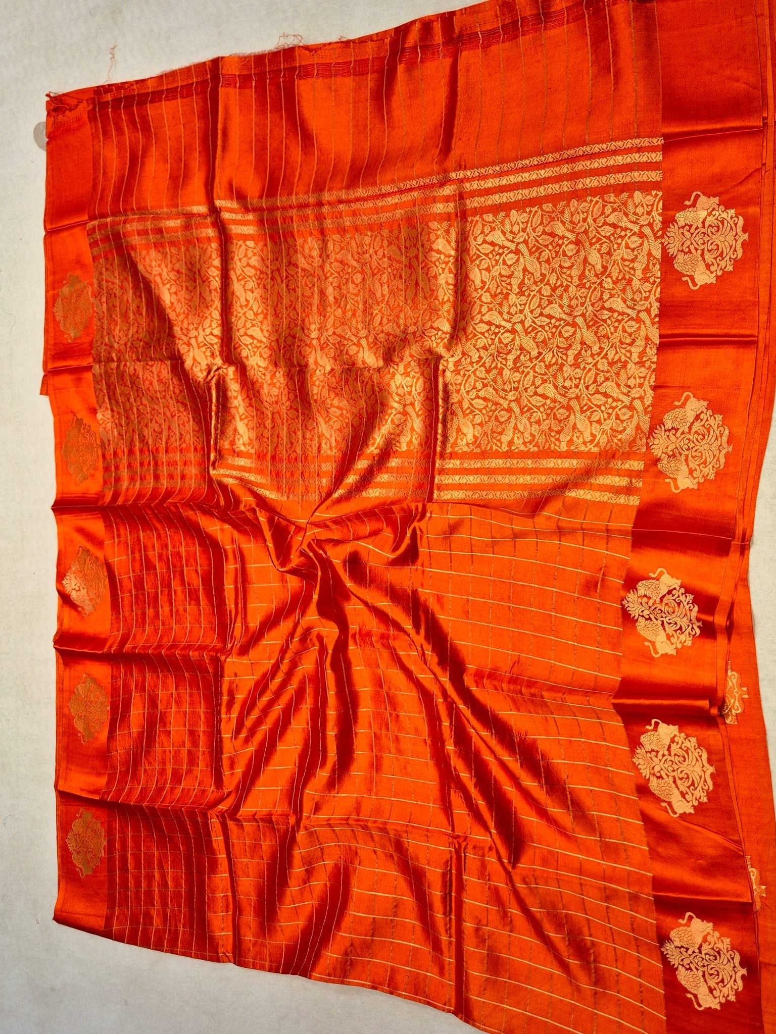 Orange Soft Katan Banarasi saree zari work detail