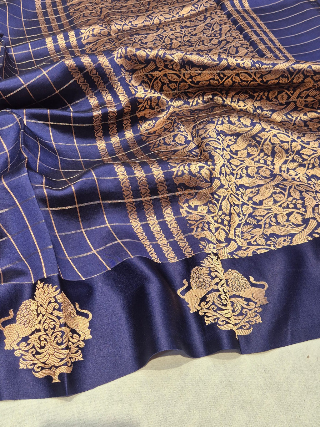 Midnight Blue Soft Katan Banarasi saree front drape view