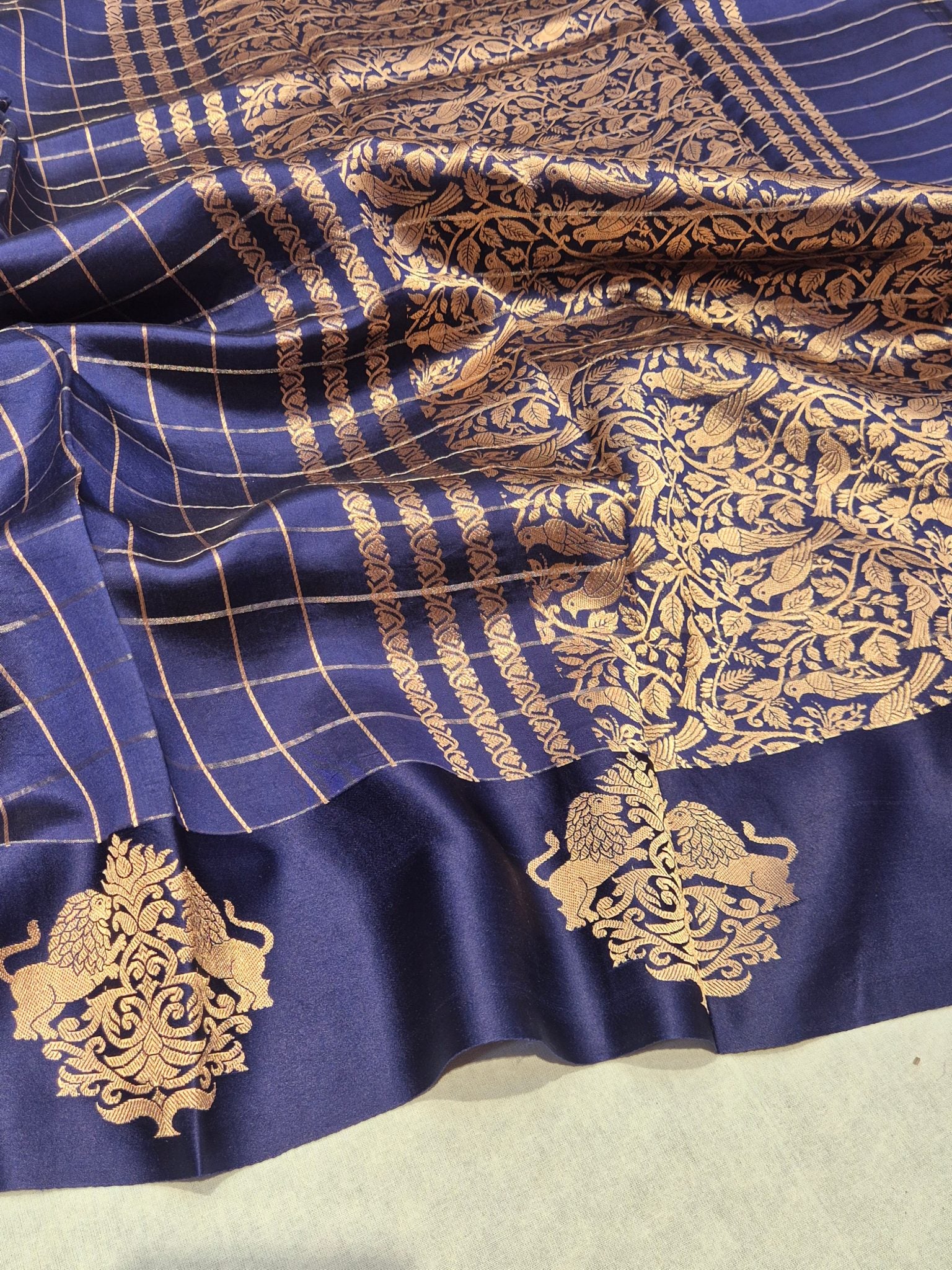 Midnight Blue Soft Katan Banarasi saree front drape view