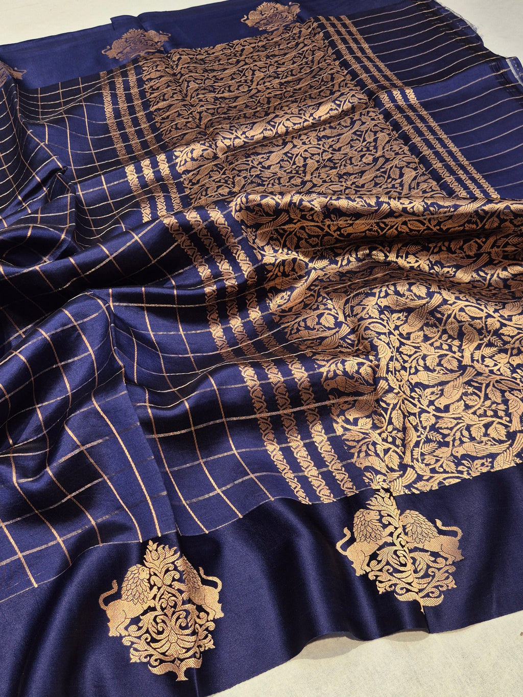 Midnight Blue Soft Katan Banarasi saree pallu detail