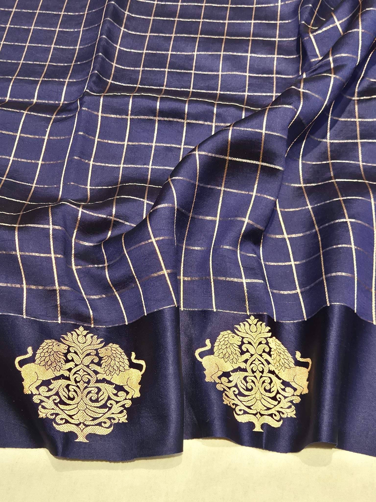 Midnight Blue Soft Katan Banarasi saree border closeup