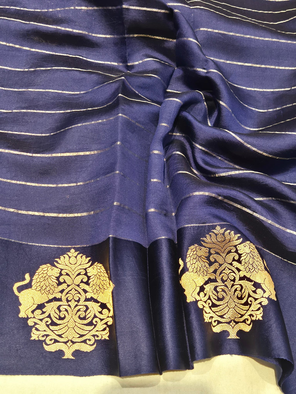 Midnight Blue Soft Katan Banarasi saree full spread